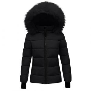 NSICBMNO Manteaux d'hiver pour femmes - Doudoune courte avec capuche en fausse fourrure - Veste matelass&eacute;e l&eacute;g&egrave;re - Parka imperm&eacute;able &agrave; capuche - Veste d'hiver courte &agrave; capuche, a noir, XL (NSICBMNO - IUsure, neuf)