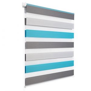 WOLTU Store Enrouleur Jour Nuit sans Perçage, Store Zébré en Double Tissu, Rideau Translucide et Occultant, Protection de la Vie Privée, Montage Facile avec Clips, 45l x 150L cm, Blanc+Gris+Turquoise (WOLTU GmbH, neuf)