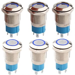 RUNCCI-YUN 6pcs 12V-24V 12mm Rond interupteur Push étancheBouton Poussoir Verrouillage LED Bouton Poussoir Metal Mini interupteur Push pour Voiture Camion Sonnette (Tête Plate) (LED Bleue) (RUNCCI-YUN, neuf)