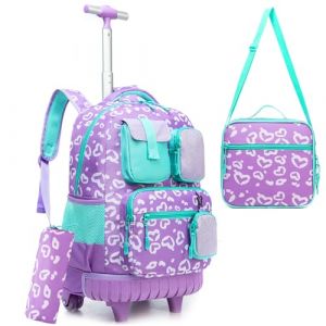 HTgroce Cartable Fille Primaire Roulette, Cartable Sac Trolley Collège/Lycée avec Sac Repas Trousse à Crayons Sac à Dos à Roulette Cartable Fille (Lldaily EUR, neuf)