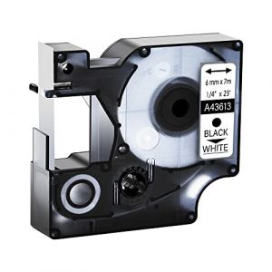 Cassette d'&eacute;tiquettes de rechange pour Dymo d1 6 mm x 7 m 43613 S0720780, compatible avec LabelManager 160 210D 360D 280 500TS Pnp LabelPoint 100 150 200 250 300 Noir sur blanc, 1 ruban d'&eacute;tiquettes (Cruxer, neuf)