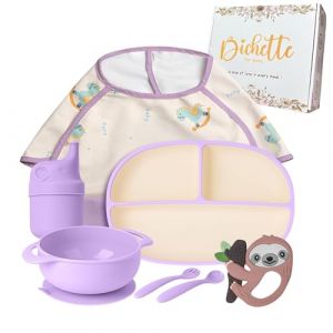 Bichette for baby coffret repas bebe (lavande) &ndash; assiette ventouse bebe, bol bebe 1er age, couvert bebe, bavoir bebe, set repas b&eacute;b&eacute; 8 pieces, vaisselle bebe silicone sans BPA (E-ShippingInternational, neuf)
