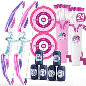 HYES 2 Pack Tir à l'arc Flèche et Arc pour Enfants, Kit de Tir à l'arc avec Lumières LED, Flèches à Ventouse, Hanging Cible, Cibles de Score, Jouet Intérieur Extérieur Cadeaux pour Garçons Filles (Huiyetoys, neuf)