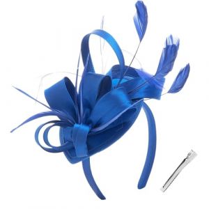 Chapeau bibi avec rubans et plumes sur un bandeau de mariage, chapeau bibi de mariage, rubans en maille, plumes sur un bandeau et couvre-chef pour filles, bandeaux de sueur, pour mariage, thé (bleu (fhjvbt, neuf)