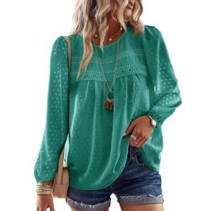 TUUHAW Tunique Femme Chemise Chic et &Eacute;l&eacute;gant Automne Col Rond Manches Longues Dentelle Boh&egrave;me Top Fluide &agrave; Point Suisse Couleur Unie Blouse D&eacute;contract&eacute; Chemisier T-Shirts Turquoise M (TROFANO, neuf)