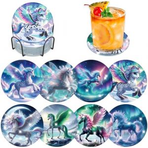 Lxmsja 8 Pcs Dessous de Verre Diamond Painting Licorne, sous Verre Diamond Painting, Diamant Peinture Dessous de Verre avec Support, pour Tasses, Verres &agrave; Vin, Vases et Cuisine Domestique (SENQAO EU, neuf)