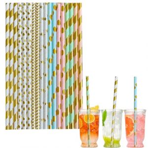 100 pi&egrave;ces Pailles Carton Jetables Biod&eacute;gradable Recyclable,Rayures Vagues C&oelig;ur M&eacute;lange Pailles en Papier Kraft de &Eacute;cologique pour Cocktail Jus Caf&eacute;,pour Anniversaire, Mariage, No&euml;l,Douche de B&eacute;b&eacute; (TZY Official store, neuf)