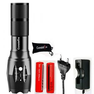 Constefire Lampe de poche torche led puissante rechargeable18650 - LED Tactical Flashlight Zoomable - Avec 2 piles rechargeables 18650 de 3,7 V pour v&eacute;lo, randonn&eacute;e, camping, urgence (Shenzhen RuiZhaoJi Technology, neuf)
