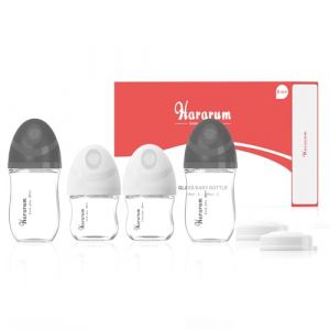 Hararum Kit Biberons en Verre pour Nouveau-nés (2x80 mL, 2x160 mL), 0+ mois vec Tétine débit très lent (SS) et Débit lent (S) en forme de sein, Anti-colique - Blanc & Noir (Yueriking, neuf)