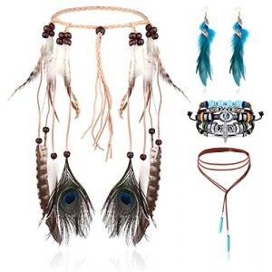 LOLIAS 4 Pi&egrave;ces Coiffe Indienne Ensemble Collier Cuir Boucles d'oreilles Plumes pour Femmes Bracelet Fait Main Vintage Boho Hippie Tribal Th&egrave;me F&ecirc;te Carnaval Bijoux (LoliasEU, neuf)