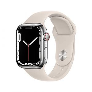Apple Watch Series 7 (GPS + Cellulaire, 41MM) Boîtier en Acier Inoxydable Argent avec Bracelet Sport Lumière Stellaire (Reconditionné) (GRADE MOBILE EU, neuf)
