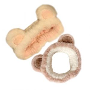 TOPPERFUN Lot de 2 Bandeaux de Maquillage en Peluche Petit Ours Coiffe Cosm&eacute;tique R&eacute;utilisable Bandeau de Soin des Cheveux Doux pour Lavage du Visage et Spa Couleurs Kaki et Rose Blanc (Linuya, neuf)