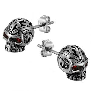 JewelryWe Bijoux Boucles d&rsquo;Oreilles Homme Punk T&ecirc;te de Mort Cr&acirc;ne Clous d&rsquo;Oreilles Zircon Gothique Acier Inoxydable Fantaisie Couleur Noir Argent (TSWRK Direct, neuf)