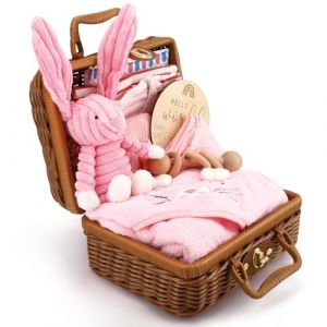 Windeltorte Coffret Cadeau B&eacute;b&eacute; Torte Couches Neutre 9 Pi&egrave;ces - Ensemble Nouveau-n&eacute; avec Lapin Rose Peluche & Hochet Bois - Cadeau Naissance en Bo&icirc;te Bambou pour Fille Gar&ccedil;on F&ecirc;te B&eacute;b&eacute; (SILVER LION Limited, neuf)