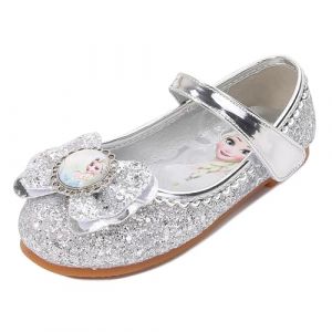 New front Ballerines Filles Chaussures de Princesse Reine des Neiges Elsa Elegante Ballerines Cuir Fille Talons Plats Fiesta Paillettes D&eacute;guisement Halloween Carnaval Cosplay,Argent-Elsa,23 EU (New Front, neuf)