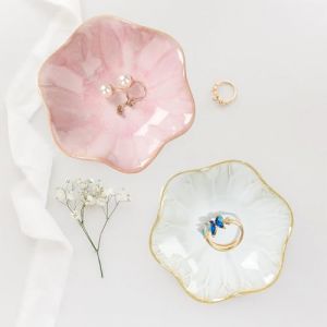 Plateau à Bijoux en céramique, Plateau à Bijoux, Plateau à clés, Petit Porte-Bague, Plateau à Bijoux, Plateau fourre-Tout pour décoration de Table de Chambre SM (10,9 cm, Blanc + Rose) (Topbino, neuf)