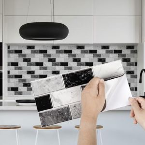 Fantasnight Stickers Adhésive Carrelage Noir Blanc 24 pièces pour Salle de Bains et Cuisine, Crédence Cuisine, Imperméables Carrelage Carreaux Adhésif Mural 30 x 15 cm (Fantastic home, neuf)