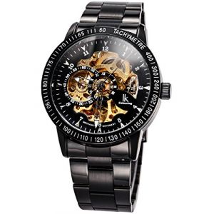 Alienwork IK Montre Automatique Homme Femme Noir Bracelet en Métal Acier Squelette Fond de Verre (?Alienwork, neuf)