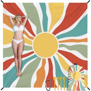 Tapis de Plage 220x200 cm, Tapis de Plage Anti Sable, Natte de Plage Couverture de Plage Ultra Légère Imperméable avec 4 Piquets et Sac de Transport pour Vacances Plage, Camping, Randonnée（Soleil） (Tarklanda, neuf)