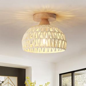 ELINKUME Plafonnier LED Cuisine en rotin tiss&eacute; &agrave; la main, Luminaire Plafonnier Chambre Vintage boh&egrave;me, petit LED Plafond en corde de chanvre pour couloir salon salle &agrave; manger Lampe Plafond en bois (putime, neuf)
