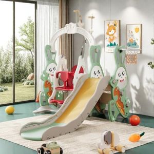 Balançoire Toboggan 4 en 1 pour Enfants 1-3 Ans, Aire de Jeux avec Cadre d'escalade, Panier de Basket, Balançoire, Toboggan, Intérieure/Extérieur, Vert (DVS SHOP ONLINE, neuf)