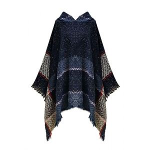 JFAN Poncho Femme Elegant &agrave; Capuche Poncho Hiver Chaud avec Frange Ponchos Ch&acirc;Le Capes Femme(Bleu Marine,Taille Unique) (JFan, neuf)