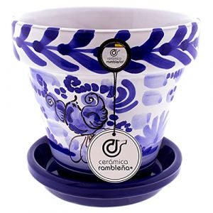 CERAMIQUE RAMBLEGNE | Pots de boue rouge | pots d&eacute;coratifs | Pots en c&eacute;ramique | Pot ext&eacute;rieur | D&eacute;cor&eacute; Maie bleue - D111 | D&eacute;coration 100 % faite &agrave; la main | 20 x 20 x 19 cm | Assiette incluse (Cer&aacute;mica Ramble&ntilde;a, neuf)