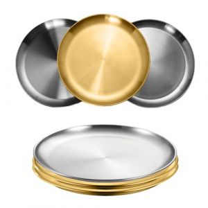6 Pi&egrave;ces 20cm Plats Ronds en Acier Inoxydable Dor&eacute;+Argent&eacute; Plats de Service en Inox, Plat de Service Rond Assiettes Rondes en Acier Inoxydable pour Pique-nique Cuisine Camping F&ecirc;te (MATERSE, neuf)