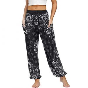 Nuofengkudu Femme Harem Pantalon Yoga Sarouel Legers Hippie Baggy Léger Ethnique Calqué Smockée Taille Haute avec Poches Été Plage (Taille Unique, Y-Rétro À Fleurs) (better Life, neuf)