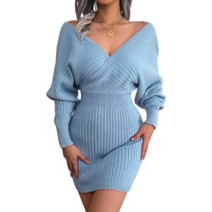 Onsoyours Robes Femme Courte Moulante Col Roul&eacute; Manches Longues Robe en Tricot Stretch Pull Long Casual &Eacute;l&eacute;gante Mini Robe Crayon Cocktail B Bleu XS (Zeigood Mode, neuf)