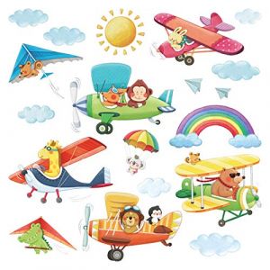 DECOWALL DS-8026 Biplans Animaux avec Deltaplane (Petit) Autocollants Muraux Mural Stickers Chambre Enfants Garderie Salon wall adhsif maison dcalcomanies (FR DECOWALL, neuf)