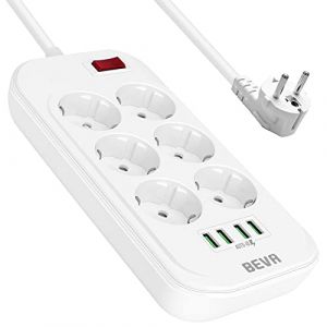 6 Prises Multiprise avec Interrupteur +Câble 2M, BEVA Bloc Multiprise 2500W/10A 4 USB-A, Multiprise Parafoudre et Surtension, Blanc (Fudong Tech., neuf)