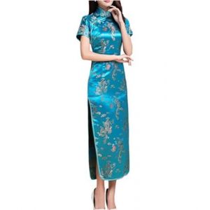 Black Sugar Robe Qipao Courte et Long à Petites Manches et Motif Dragon Brocart Cheongsam Tunique (FR/ES, Alpha/Lettres, TG, Taille Normale, Taille Petite, Long Bleu) (BLACK SUGAR PARIS, neuf)