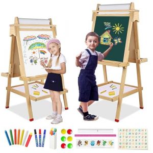 3 en 1 Tableau Chevalet Enfant avec Rouleau de Papier, Tableau Noir et Blanc, Chevalet Peinture en Bois Double Face Hauteur R&eacute;glable 95-115CM avec Lettres, Chiffres et Autres Accessoires (suncitykids, neuf)