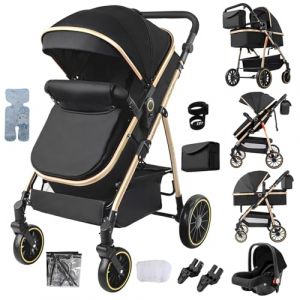 Nine point nine Poussette 3 en 1, Poussette Bebe avec Double Modes de Pouss&eacute;e R&eacute;versibles, Pousette Canne Grande Confortable, Pousette avec Cadre Aluminium Haute Paysage (V8 Black Gold) (Kaiwen baby products, neuf)