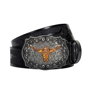 Eohak Ceinture de cowboy occidentale pour homme, ceinture &agrave; boucle avec motif de taureau long, ceinture avec boucle grav&eacute;e florale, ceinture pour taille de 63 &agrave; 96 cm, Noir, Fit Waist 25-30 in (haikoushi jiduomei e-commerce, neuf)