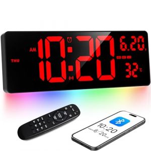 XREXS Grande Horloge Murale Numérique de 16,5" - Calibrage Automatique de L'heure - Écran Numérique Rouge avec Barre Lumineuse Colorée - Horloge/Température/Calendrier/Minuterie/Réveil (Blueekin, neuf)