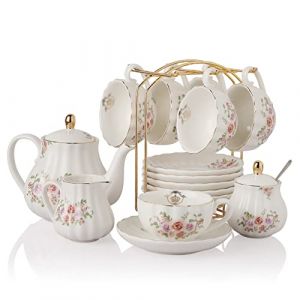 Sweejar Home Royal Family Service &agrave; th&eacute; en porcelaine 225 ml avec tasses et soucoupes avec th&eacute;i&egrave;re, sucrier et pot &agrave; lait en c&eacute;ramique (fleur de rose) (Sweejar Home, neuf)