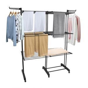 LANTUS S&eacute;choir &agrave; Linge Extensible Grande Capacit&eacute; Tour de S&eacute;chage d&rsquo;&Eacute;tendage &Eacute;tendoir Vertical Multifonction pour Int&eacute;rieur et Ext&eacute;rieur -49 x (75-132) x 170 cm (Noir + Tuyau Noir) (Hechheu, neuf)
