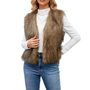 Caziffer Gilet Femme sans Manche en Faux Fur Cardigan Femme Chaud Col V Manteau sans Manche &agrave; Couleur Unie pour Femmes D&eacute;contract&eacute; Streetwear (Marron, XL) (baixia, neuf)