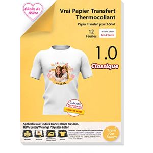 TransOurDream Papier Transfert Classique - 12 Feuilles x A4 Papier Transfert pour Textile et T-shirts blancs ou Clairs, Thermocollant, Fond transparent, Impression Jet d'Encre, Mode miroir, FR2-1.0-12 (TransOurdream, neuf)