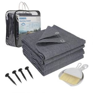 FoundGo Tapis d'auvent de Camping Car avec œillets, 280g/m² HDPE Tapis de Camping，Sol d'auvent extérieur avec Sac de Transport, Clous en Acier et Petit Balai, Bleu/Gris 250x500cm (FindGo, neuf)