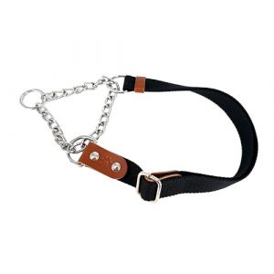 Martingale Collier Semi Etrangleur pour Chien avec Cha&icirc;ne et Cuir. Anti Traction. L. Noir & Cognac (AVANZONA, neuf)