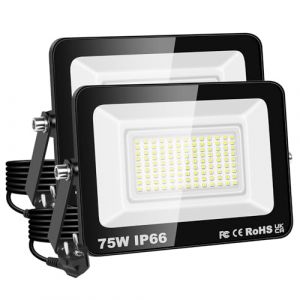 PICAA Projecteur LED 75W, &eacute;tanche IP66, &eacute;clairage de s&eacute;curit&eacute; 7500 lm, applique murale ext&eacute;rieure blanc froid 6500K pour jardin, cour, garage, terrasse, entrep&ocirc;t, avec prise UE (2 pi&egrave;ce) (BEISHUO-UK, neuf)