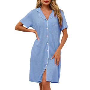 Lovasy Chemise de Nuit Femme Coton &agrave; Manches Courtes Chemise de Nuit L&eacute;ger Col en V Classique Robe De Nuit Boutonn&eacute;e Devant Tee Shirt de Nuit Femme Grande Taille avec Poches Lat&eacute;rales,A-Bleu Clair,XL (Lovasy Direct, neuf)