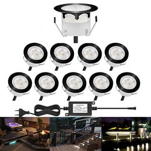 CHNXU 10 Spot LED Eclairage Ext&eacute;rieur Encastrable Sol Terrasse Bois,45mm Spots Encastr&eacute; Ext&eacute;rieur Fait en IP67 DC12V 1W Avec Alimentation EU Pour Jardin Escalier Patio Blanc Froid(Noir) (CHENXU, neuf)