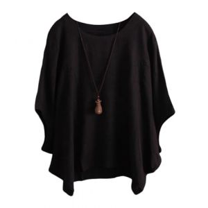 ORANDESIGNE Chemise Lin Femme Chemisier Coton Et Lin Col Rond Manches Chauve-Souris Tops Unie Lâche Respirant T-Shirts Demi-Manches Casual Lin Tunique Blouse Pas d'accessoires A Noir XL (ORANNER EU, neuf)
