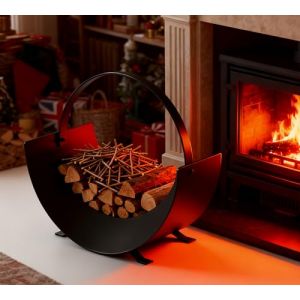 Kingson Panier &agrave; b&ucirc;ches pour chemin&eacute;e int&eacute;rieure &ndash; Support &agrave; b&ucirc;ches en acier cintr&eacute; avec poign&eacute;e en fer plat &ndash; Rangement de bois de chauffage noir &ndash; Porte-b&ucirc;ches d&eacute;coratif 35x28x36cm (Kingson INC, neuf)