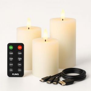 FLINQ Bougies Led Rechargeables USB - en Mati&egrave;re de Cire - Fausse Bougie Flamme Vacillante - par T&eacute;l&eacute;commande - Batterie longue Dur&eacute;e - 3 unit&eacute;s (FLINQ EUROPE, neuf)