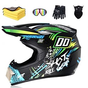 Ruiqieor Casque Moto Casque Cycliste Pour Enfants,Gar&ccedil;on Et Fille Scooter De Ski VTT Casque,Convient Pour Toutes Les Saisons Lunettes Avec Gants (Black blue,S(52-56cm)) (MXLSG, neuf)